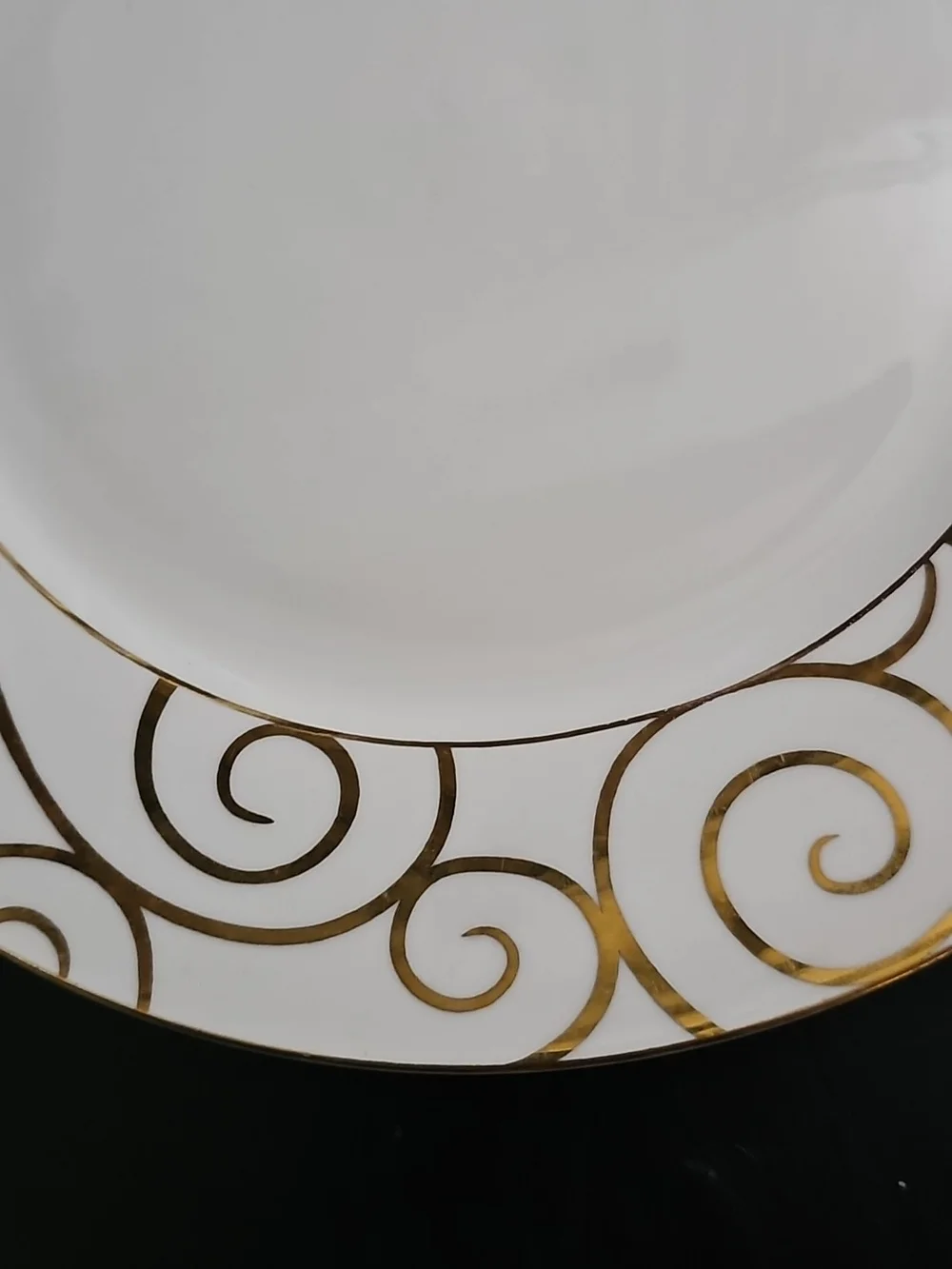 Pier 1 White Dinner Plate with Gold Swirl Scroll Border
